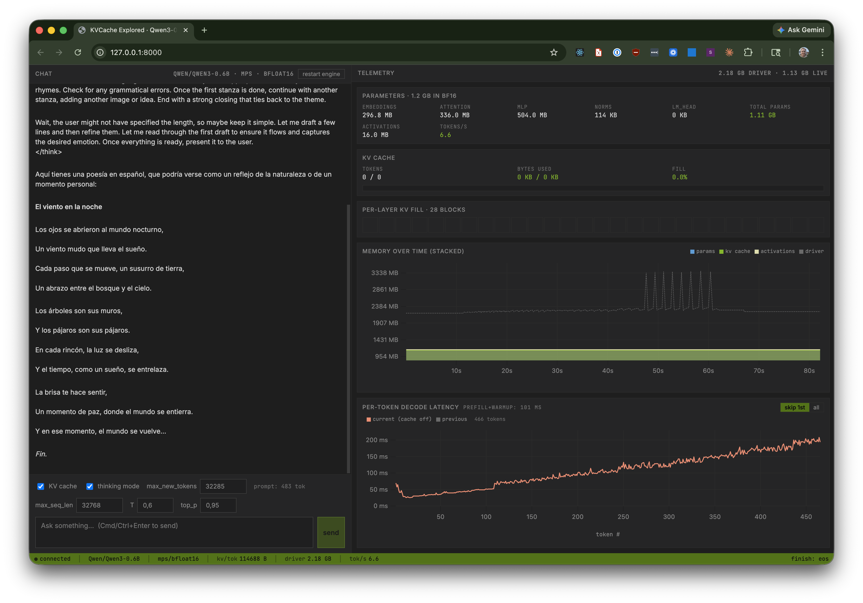 Qwen3 chat with KV cache off, visibly rising per-token latency, no KV allocation